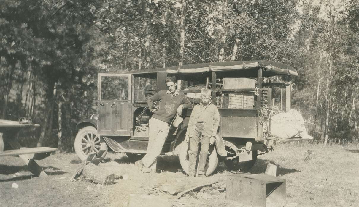 Travel, log, truck, history of Iowa, Motorized Vehicles, jacket, McMurray, Doug, Iowa, delivery truck, car, sweater, MN, Iowa History, Children, picnic table, Portraits - Group