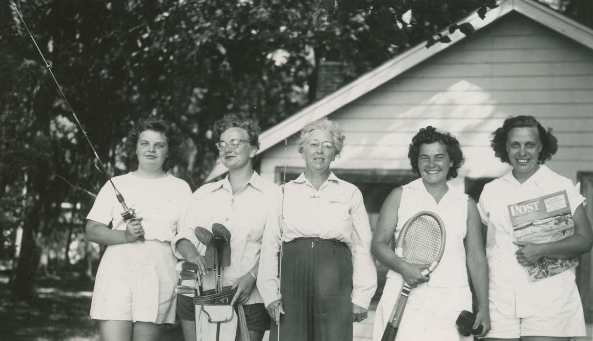 Portraits - Group, Clear Lake, IA, history of Iowa, women, magazine, golf clubs, fishing pole, Iowa History, Iowa, Outdoor Recreation, Sports, tennis racquet, McMurray, Doug