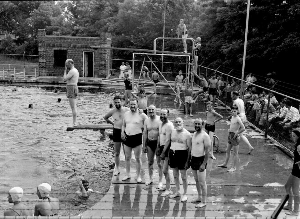 swimming, history of Iowa, Iowa History, Lemberger, LeAnn, bathing cap, Fairs and Festivals, swimming pool, Centerville, IA, Iowa, diving board, bathing suit, Leisure, pool