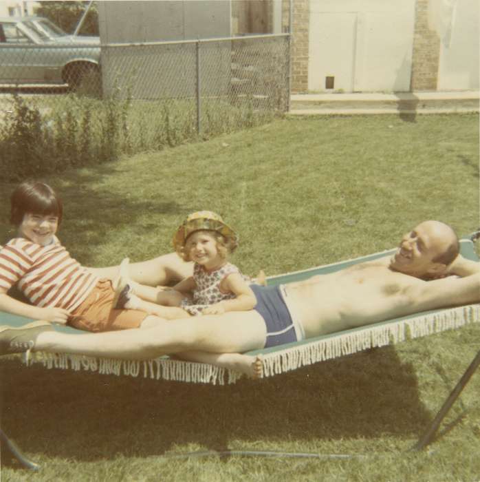 Portraits - Group, hammock, yard, history of Iowa, Iowa History, IA, Families, Motorized Vehicles, car, Scholtec, Emily, hat, tanning, Iowa, fence, Children, Leisure