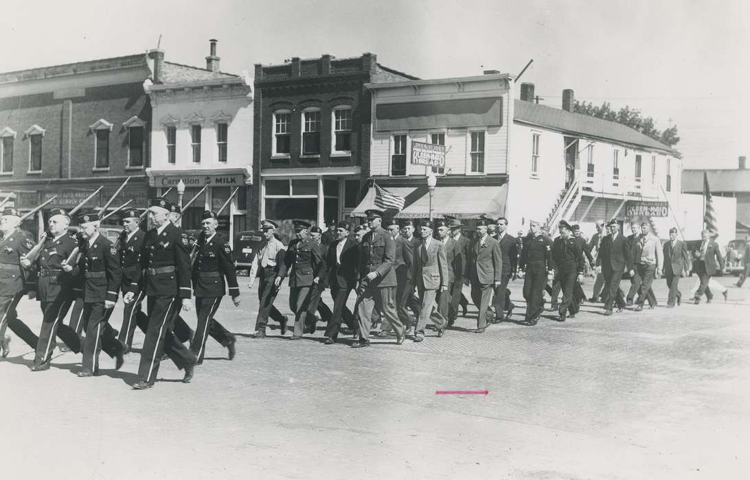 Military and Veterans, Main Streets & Town Squares, history of Iowa, Iowa History, memorial day, american flag, Waverly, IA, Fairs and Festivals, Holidays, Iowa, Cities and Towns, correct date needed, Waverly Public Library, military parade