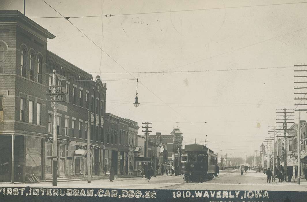 Main Streets & Town Squares, history of Iowa, Iowa History, Winter, Motorized Vehicles, Businesses and Factories, storefront, downtown, Waverly, IA, uptown, trolley, Iowa, Cities and Towns, Waverly Public Library