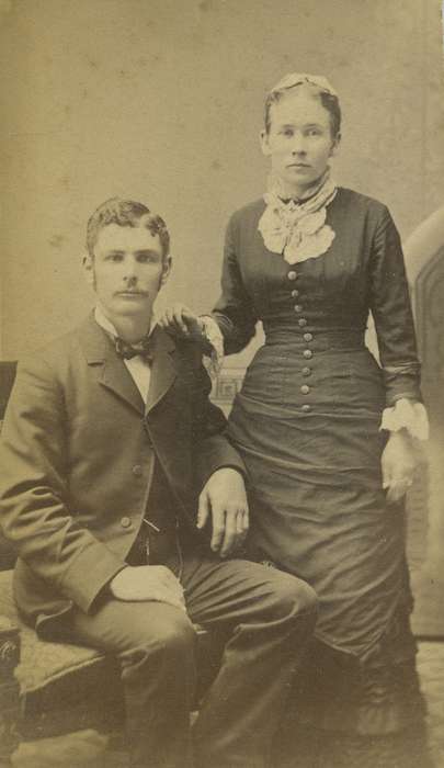 Portraits - Group, carte de visite, Iowa, vest, couple, woman, frock coat, Jefferson, IA, Olsson, Ann and Jons, history of Iowa, lace collar, collared dresses, mustache, bow tie, Iowa History, man