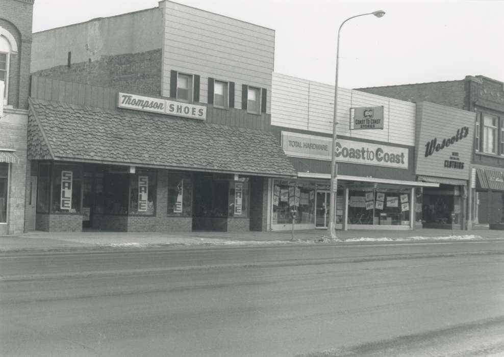 Businesses and Factories, storefront, Cities and Towns, Iowa History, Iowa, hardware store, Waverly Public Library, Waverly, IA, Main Streets & Town Squares, clothing store, shoe store, history of Iowa