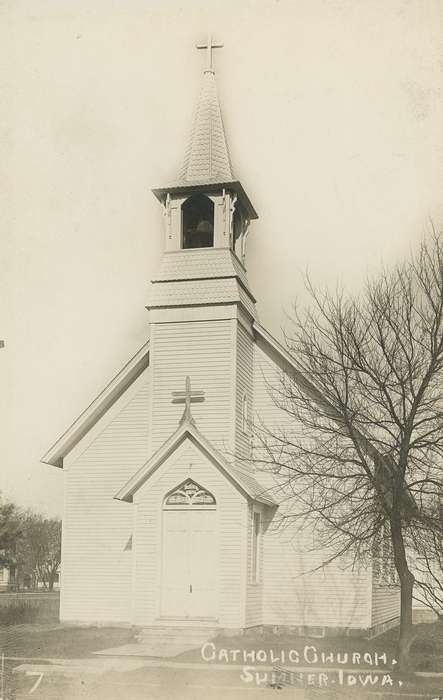 catholic church, post card, Religious Structures, cross, Sumner, IA, postcard, history of Iowa, church, Iowa, catholic, correct date needed, Waverly Public Library, door, Iowa History