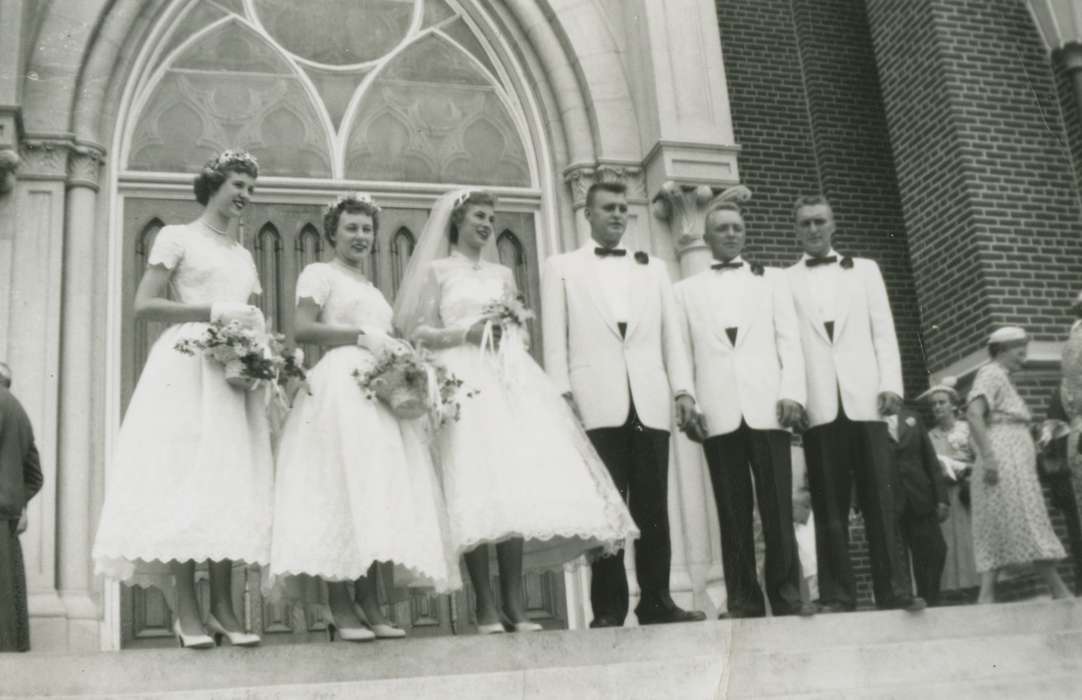 Portraits - Group, Religious Structures, flowers, veil, bride, Weddings, church, dress, Farley, IA, wedding, wedding dress, history of Iowa, Iowa History, brick, groom, bridesmaids, tie, tux, Iowa, Griffin, Allan