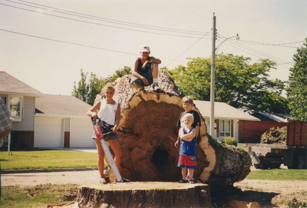 Portraits - Group, Iowa, Children, West Union, IA, history of Iowa, Cities and Towns, chainsaw, tree, Bancroft, Cynthia, Iowa History