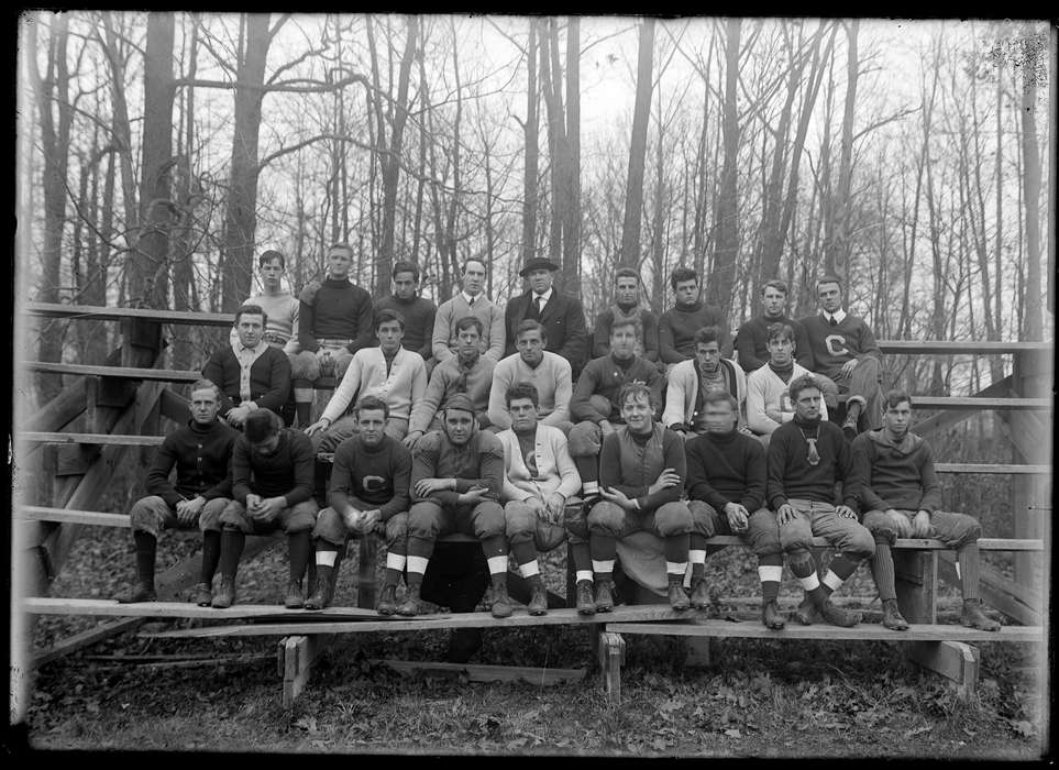 men, bleacher, uniform, Iowa, Storrs, CT, football, team, Archives & Special Collections, University of Connecticut Library, history of Iowa, Iowa History