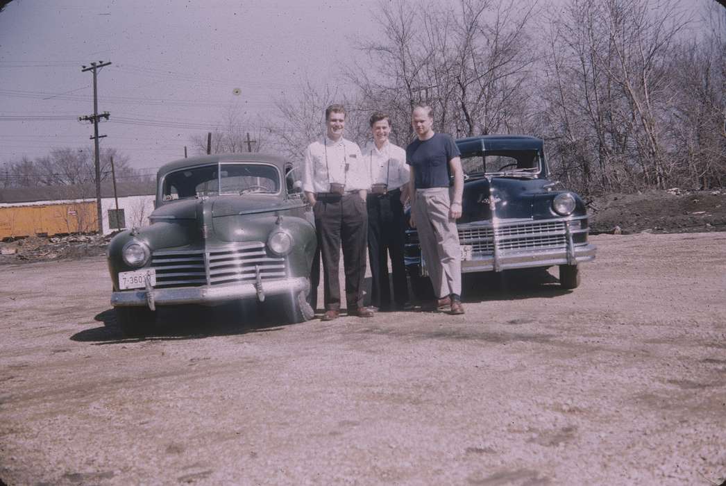 Portraits - Group, men, history of Iowa, Sack, Renata, Iowa History, Motorized Vehicles, car, Iowa, headlight, Waterloo, IA, friend