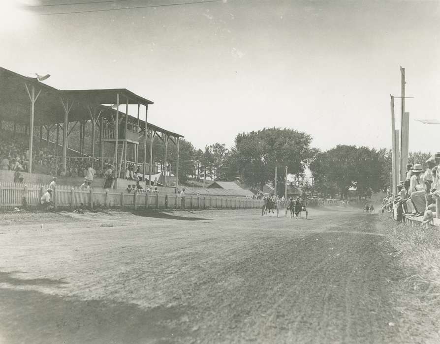 history of Iowa, Iowa History, Entertainment, fans, Animals, Waverly, IA, horse racing, Iowa, dirt track, correct date needed, grandstand, Waverly Public Library, jockey, horse race