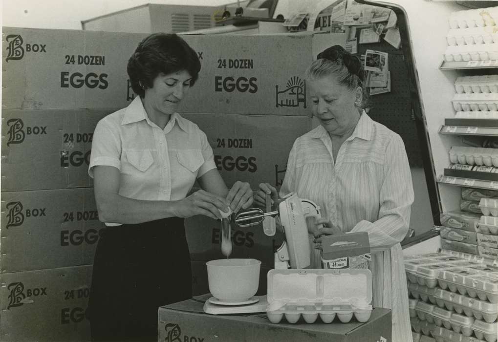 history of Iowa, Labor and Occupations, mixer, Waverly Public Library, Iowa, hair, Food and Meals, egg, Bremer County, IA, Iowa History, fareway, box