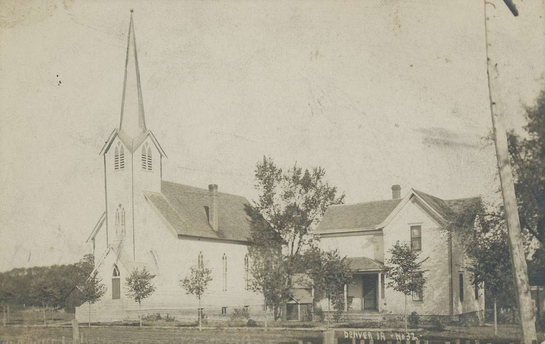 history of Iowa, Religious Structures, Iowa History, window, post card, postcard, Iowa, tree, church, correct date needed, roof, Waverly Public Library, Denver, IA