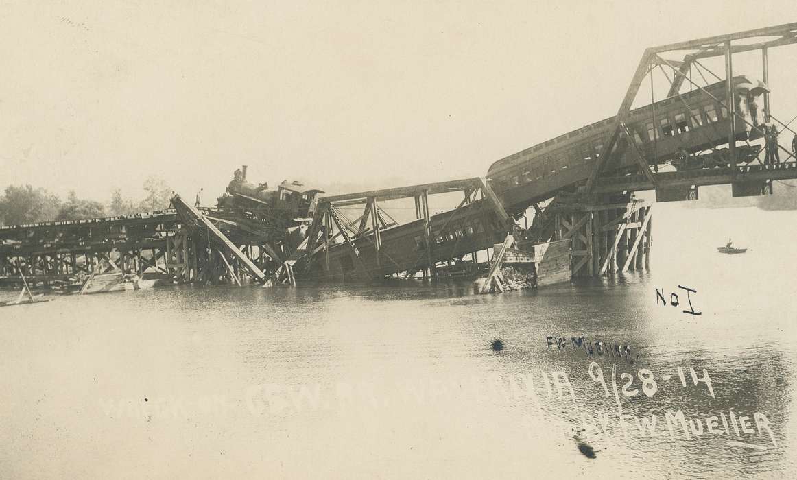 bridge, Iowa History, history of Iowa, Wrecks, Lakes, Rivers, and Streams, Waverly, IA, cedar river, train bridge, Iowa, train, passenger train, Waverly Public Library