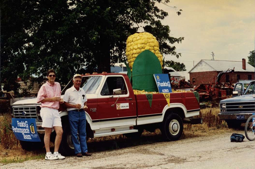 Portraits - Group, float, history of Iowa, Iowa History, parade, Motorized Vehicles, truck, corn, ford, Arlington, IA, Knivsland, Rick, Fairs and Festivals, f-250, seed, Iowa, Labor and Occupations