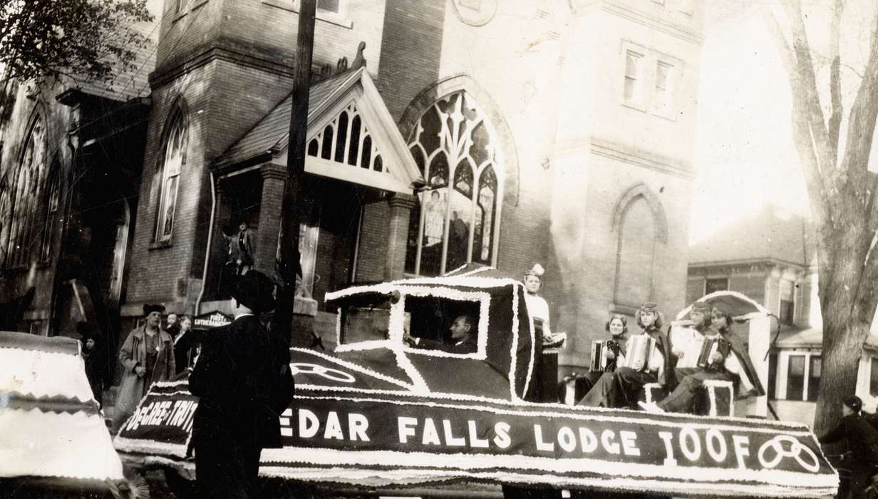 Iowa, parade, Schlichtmann, Linda, Fairs and Festivals, accordion, Cedar Falls, IA, Cities and Towns, Religious Structures, history of Iowa, Motorized Vehicles, Main Streets & Town Squares, Iowa History