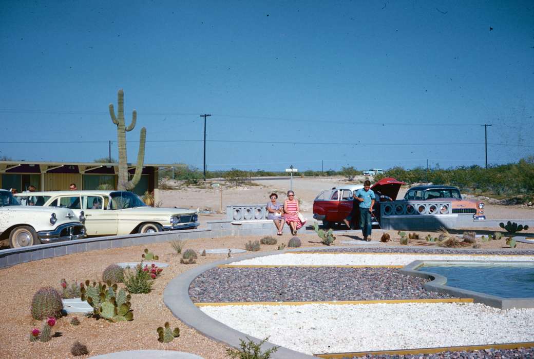 Portraits - Group, Travel, history of Iowa, Iowa History, Harken, Nichole, Motorized Vehicles, car, hotel, fountain, Iowa, cactus, desert, Labor and Occupations