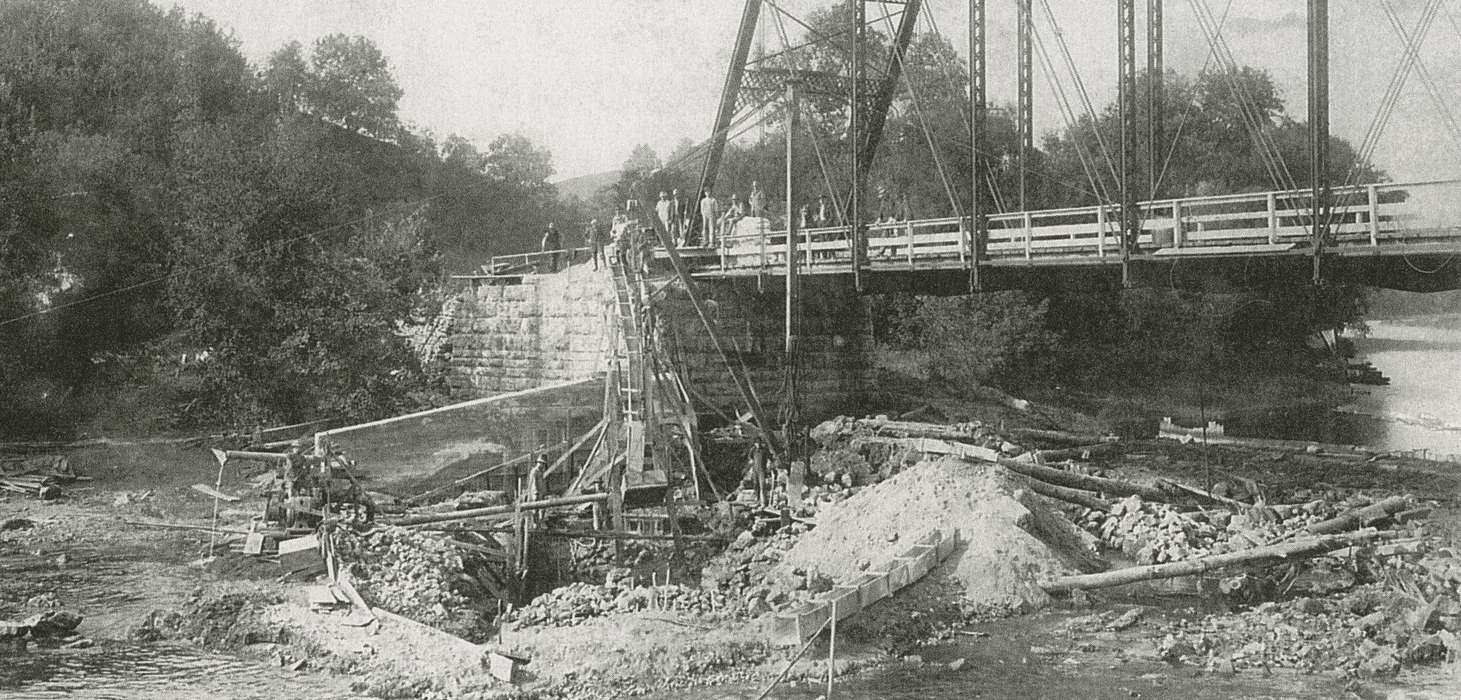 Iowa, construction, gravel, river, Lakes, Rivers, and Streams, forest, bridge, Labor and Occupations, Anamosa, IA, Hatcher, Cecilia, history of Iowa, construction materials, metal supporta, Iowa History