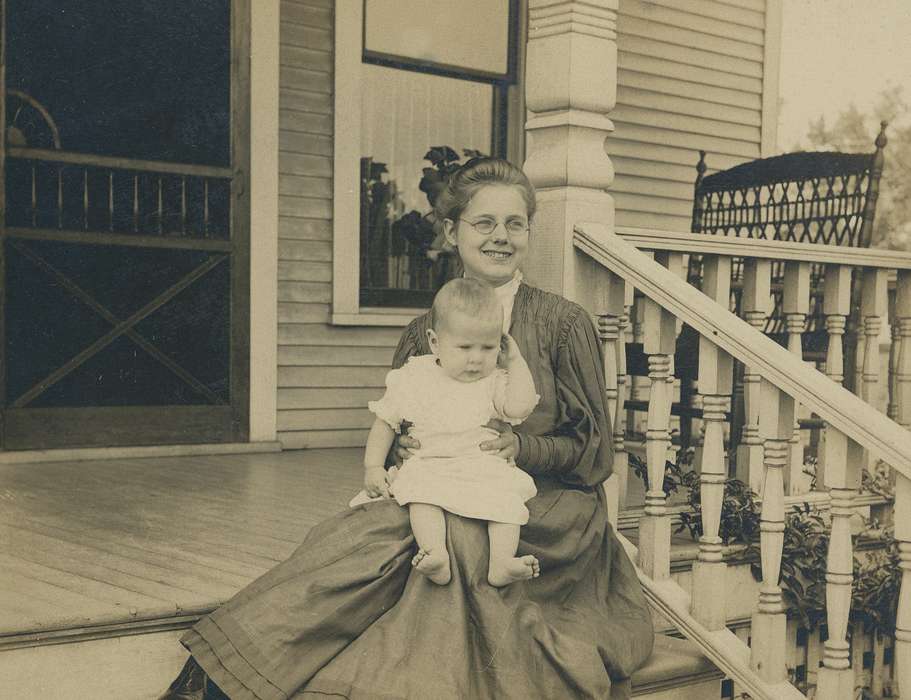 Portraits - Group, history of Iowa, Iowa History, front porch, Families, woman, Neymeyer, Robert, glasses, Iowa, Homes, dress, Children, baby