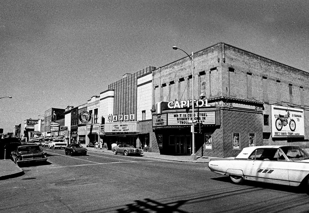 mainstreet, Main Streets & Town Squares, history of Iowa, Iowa History, Ottumwa, IA, Lemberger, LeAnn, Businesses and Factories, downtown, car, movie theater, Iowa, Cities and Towns, street