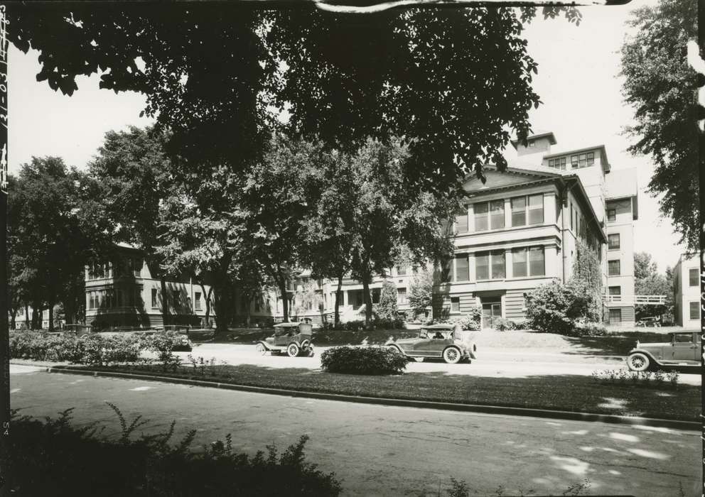 street, history of Iowa, Iowa City, IA, Iowa, Cities and Towns, car, house, Seashore Hall, median, Iowa History, tree