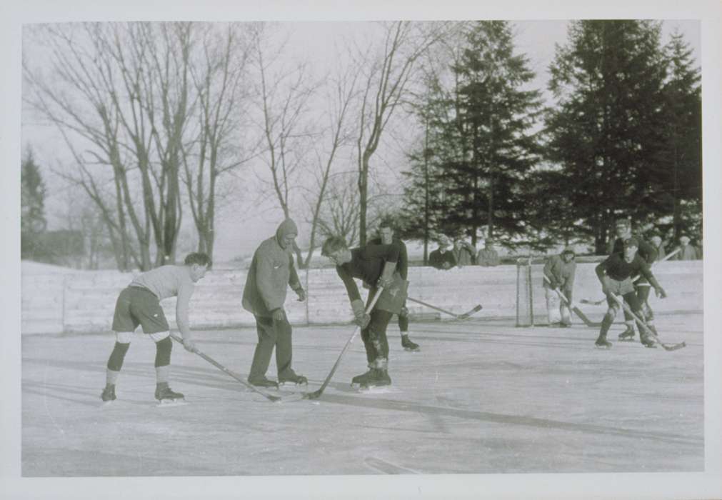 history of Iowa, Iowa History, frozen pond, ice skates, hockey, Storrs, CT, Archives & Special Collections, University of Connecticut Library, Iowa, hockey stick, outdoors, recreational