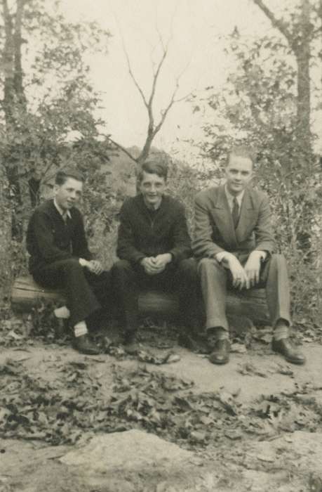 Portraits - Group, suit, log, Iowa History, tree, jacket, Iowa, USA, Wilson, Dorothy, forest, Outdoor Recreation, Children, history of Iowa, leaves