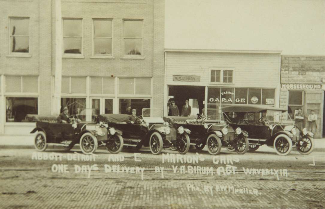 Businesses and Factories, Cities and Towns, Iowa History, Iowa, Motorized Vehicles, auto shop, automobile, Waverly Public Library, Waverly, IA, Main Streets & Town Squares, can't confirm date and or location, correct date needed, history of Iowa