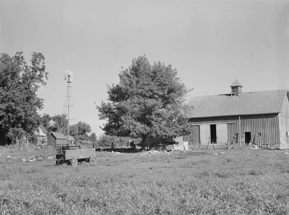 Farming Equipment, shed, Barns, farmhouse, homestead, cupola, barn door, barnyard, tree, history of Iowa, Iowa History, Library of Congress, pasture, windmill, wagon, Iowa, Landscapes, Homes, Farms