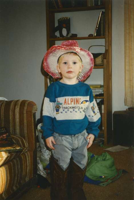 IA, Iowa, cowboy boots, cowboy hat, living room, Children, Homes, Portraits - Individual, history of Iowa, Bancroft, Cynthia, Iowa History