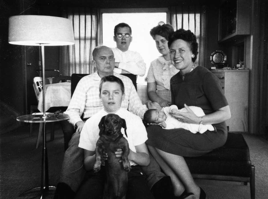 baby, Iowa History, Shaw, Marilyn, Children, Iowa, history of Iowa, Portraits - Group, Animals, Homes, lamp, Families, dog, Cedar Falls, IA, living room, dachshund