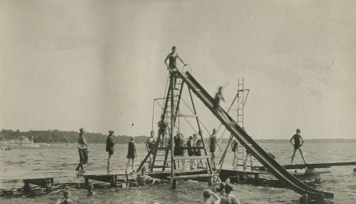 boy scouts, swimming, lake, Clear Lake, IA, history of Iowa, Iowa History, slide, Lakes, Rivers, and Streams, Iowa, Outdoor Recreation, McMurray, Doug, Children