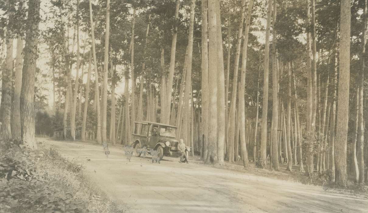 Travel, dirt road, history of Iowa, Motorized Vehicles, forest, McMurray, Doug, Iowa, car, Clearwater County, MN, Portraits - Individual, Children, Iowa History, tree