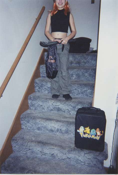 backpack, IA, Iowa, Iowa History, staircase, Children, Homes, Portraits - Individual, Scholtec, Emily, halloween, history of Iowa, costume, pokemon