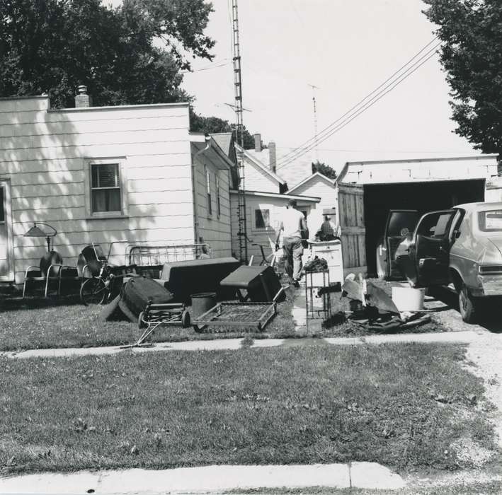 furniture, Floods, history of Iowa, Iowa History, summer, car, flood aftermath, chair, Waverly, IA, couch, Iowa, Homes, people, Waverly Public Library