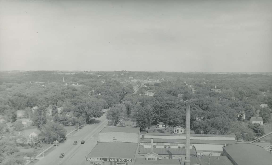 history of Iowa, Landscapes, factory, Businesses and Factories, Waverly, IA, Waverly Public Library, Iowa, car, Motorized Vehicles, Aerial Shots, Iowa History, tree, smokestack