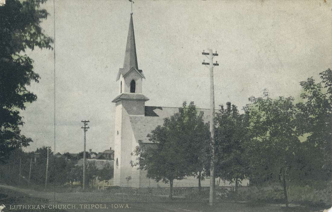 history of Iowa, Religious Structures, Iowa History, lutheran, electric lines, postcard, Iowa, tree, church, correct date needed, post card, Waverly Public Library, Tripoli, IA