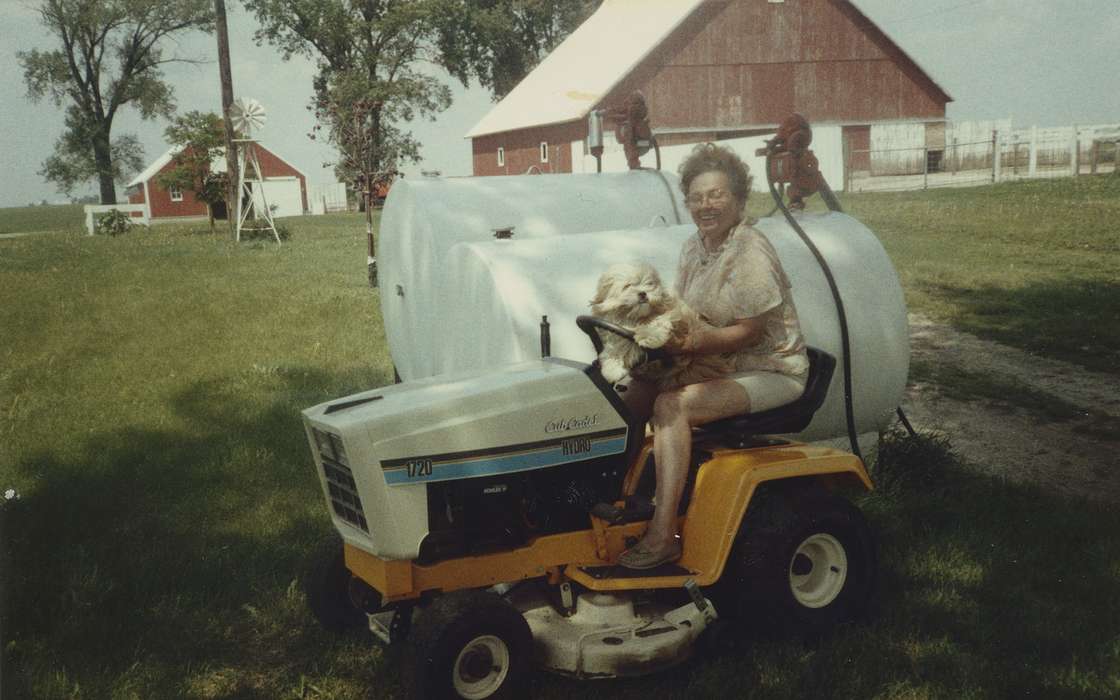 Farming Equipment, history of Iowa, Iowa History, Pfeiffer, Jean, Barns, Animals, lawn mower, Muscatine, IA, Iowa, Farms, cub cadet, dog, Portraits - Individual