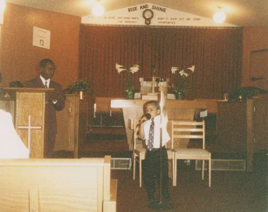 boy, church, Iowa, singer, Waterloo, IA, Barrett, Sarah, Religion, Children, african american, history of Iowa, People of Color, microphone, Religious Structures, singing, Iowa History