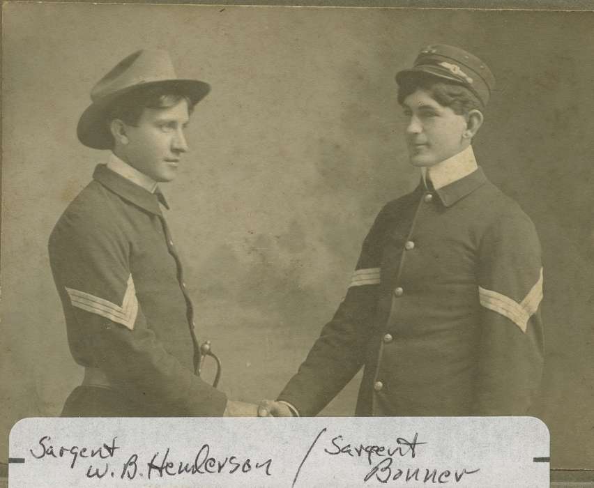 Portraits - Group, Military and Veterans, handshake, history of Iowa, uniform, Iowa History, military service, Harrison County, IA, Iowa, Henderson, Dan, hat
