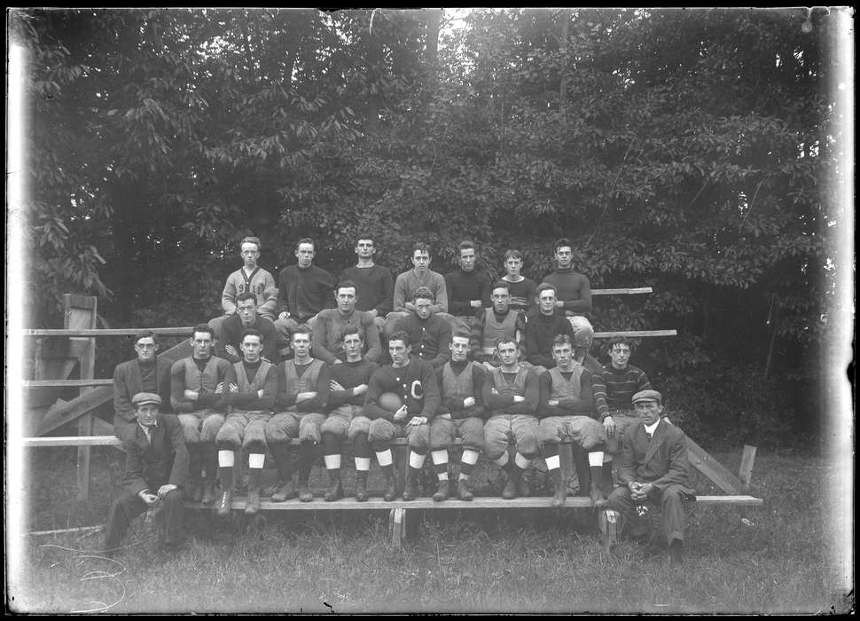 men, history of Iowa, uniform, Iowa History, football, bleacher, Storrs, CT, Archives & Special Collections, University of Connecticut Library, Iowa, team