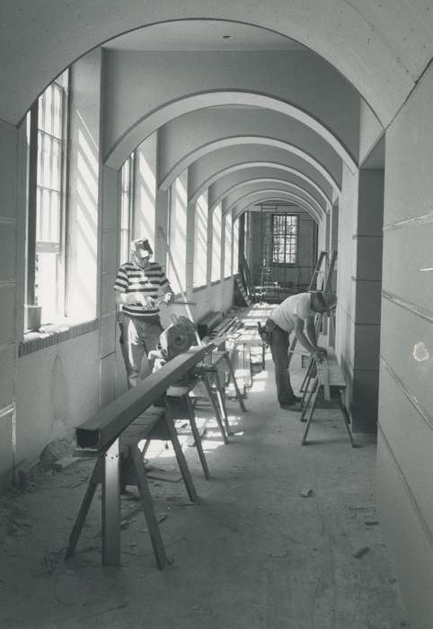 Waverly Public Library, history of Iowa, construction materials, baseball hat, Iowa History, wartburg, outfit, Waverly, IA, Iowa, hall, construction crew, wartburg college, Labor and Occupations