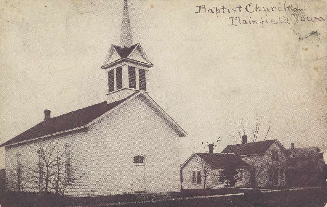 Plainfield, IA, Religious Structures, Iowa History, history of Iowa, window, church, post card, baptist, postcard, Iowa, tree, door, correct date needed, roof, Waverly Public Library