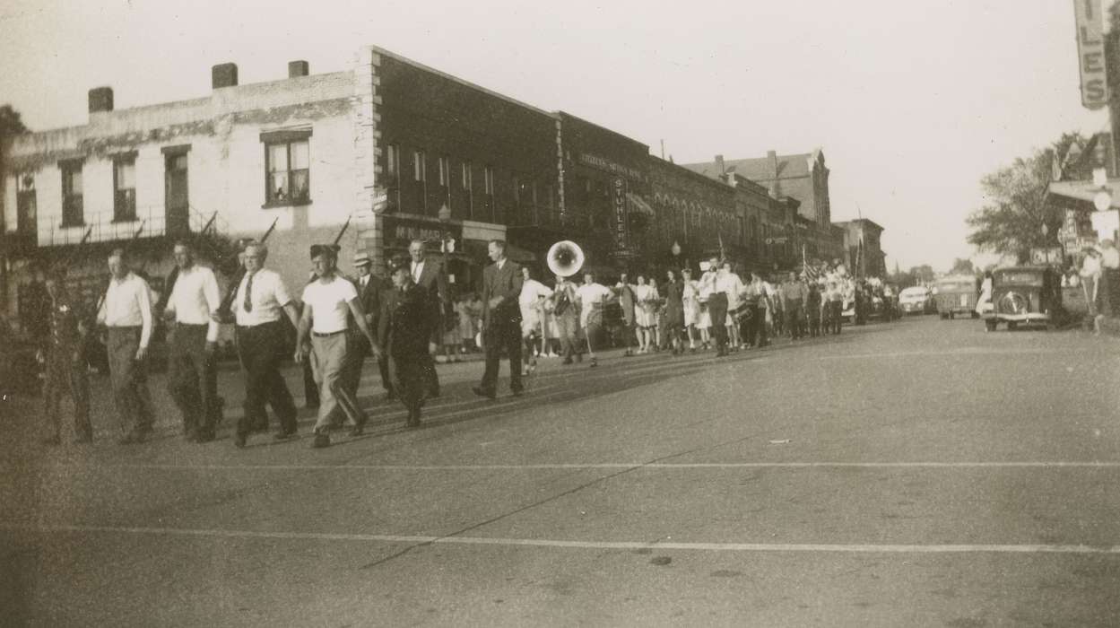 Military and Veterans, Main Streets & Town Squares, procession, history of Iowa, band, Iowa History, Entertainment, Motorized Vehicles, Businesses and Factories, car, Iowa, Cities and Towns, Anamosa, IA, Hatcher, Cecilia