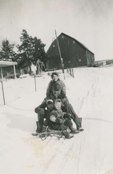 Bull, Ardith, Iowa History, Dysart, IA, Barns, Children, Iowa, history of Iowa, Outdoor Recreation, Winter, sled, snow
