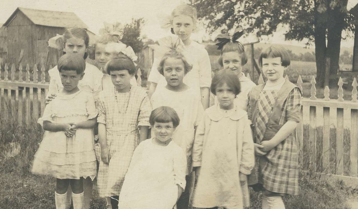 Portraits - Group, boy, hair bow, Iowa, smile, Children, eyes, fence, hair, girl, history of Iowa, dresses, Spilman, Jessie Cudworth, Iowa History