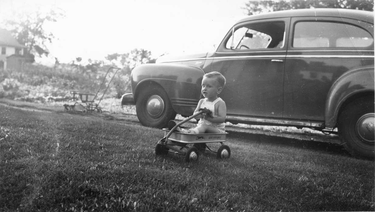 lawn mower, Norwalk, IA, history of Iowa, Motorized Vehicles, Iowa, Schall, Michael, boy, Children, Iowa History, wagon