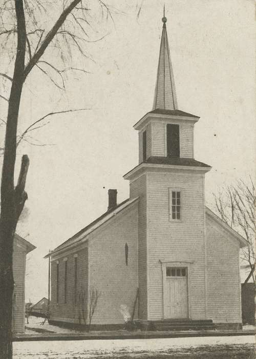 Plainfield, IA, Religious Structures, Iowa History, history of Iowa, window, church, Iowa, door, correct date needed, tree branches, roof, Waverly Public Library