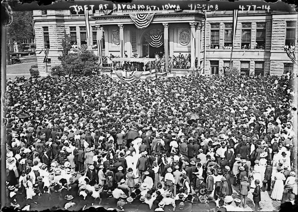 flag, Main Streets & Town Squares, history of Iowa, Iowa History, Library of Congress, architecture, Civic Engagement, bunting, politics, crowd, president, william howard taft, Iowa, speech, rally, hat