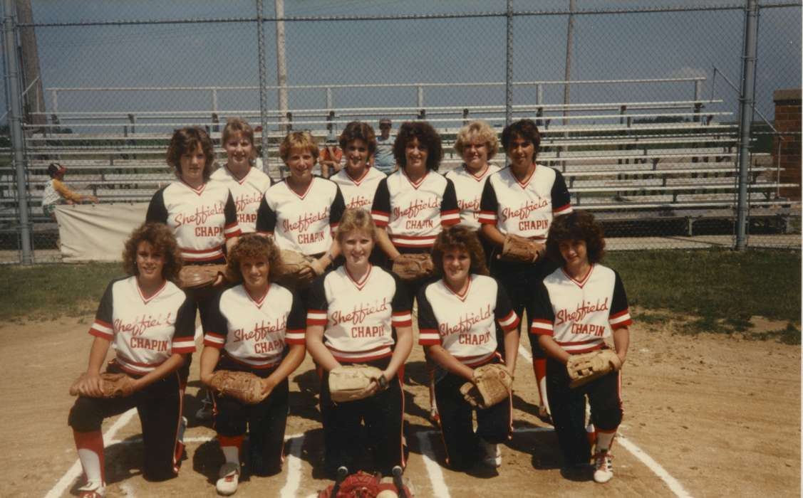 Portraits - Group, gloves, bleachers, Iowa History, history of Iowa, Bohach, Beverly, Sheffield, IA, Iowa, Sports, softball