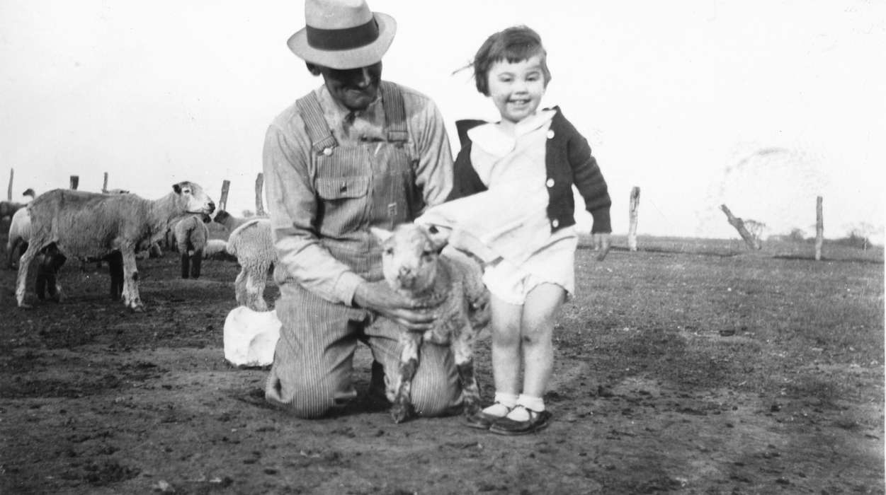 kid, Portraits - Group, hat, Animals, Iowa History, sheep, lamb, Iowa, Families, Farms, overalls, Schall, Michael, farm, correct date needed, Children, Norwalk, IA, history of Iowa